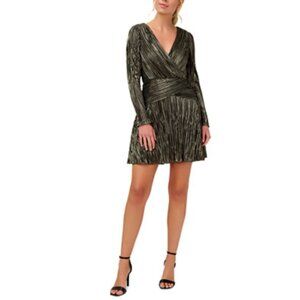 Aidan Mattox Cocktail Party Dress 14 Black Gold Silver Foil Long Sleeve NEW $220